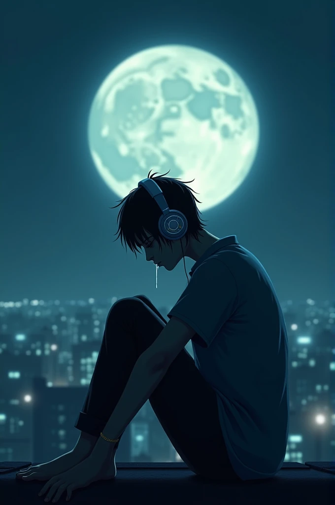 The was crying while listening to music on the roof of the building, looking at the big moon