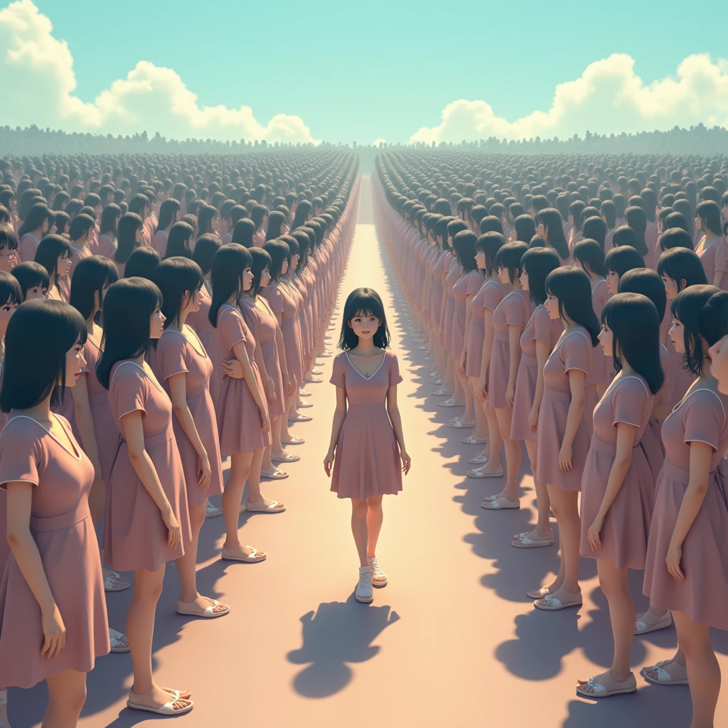 (((((Japanese Clone girls=Myself)))))), (((Best Super High quality Myself Clone girls Raw Photography Art))), (16K, Highest quality, Ultra-high resolution, RAW Photos), (((It&#39;s so unrealistic., With unparalleled depiction, With an unfathomable sight, An unprecedented and shocking worldview, Clone girls in a world of mass reproduction, Ultra-realistic))), (((Japanese, woman, 20yo, Saito-Asuka))), (Small face, ((Thick black hair, Semi-long hair))), ((V-neck short-sleeve dress)), (((((Very detailed美しい女体, Accurate body structure, Very detailed完璧な, Super busty body with very large breasts, Clearly emphasizes cleavage))))), (((Dark Eyes, Mature face, Cute Smile, A gentle gaze))), (((Her happy and smiling expression is so cute))), ((((((((Very detailed分身増殖描写, ((1girl→Myself cloning→1,000,000,000,000,000,000,000,000,000,000,000,000,000,000,000,000,000,000,000,000Myself Clone girls)))))))))), ((((((((Very detailed, The precise depiction of the proliferation of Myself Clone girls, ((With the perfectly identical bodies of Myself clone girls, With the exact same face as the Myself clone girls, With the exact same hairstyle as the Myself clone girls, In the exact same clothes as the girls who are my clones, Perfectly the same height as the Myself clone girls, Super big breasts, just like the Myself clone girls)))))))))), (((Myself clone girls only))), (((Multiple pairs, Very detailed depiction, (Myself clone girls hug each other, Myself clone girls assemble, Fun conversations with fellow Myself clone girls, A fun conversation between Myself clone girls, Myself clone girls holding hands, Walking with lots of Myself clone girls)))), (((Everyone looks at the camera))), (((Unbelievably crowded, Transcendent Myself clone girls intimately, Countless Myself clone girls surround you in 360 degrees))), (Bright, soft sunlight), (((Very wide field of view, Very detailed, Detailed ultra-perspective depiction with clear depth, super wide top view))), (((((Where there is a curved slope))))), (((Very photographic and detailed depiction, Myself clone girls will multiply infinitely and fill the surroundings from one side to the horizon with their bodies tightly packed together without any gaps., A scene of endless Myself clone girls and a fun atmosphere))), (Focus on the average value of the image)
