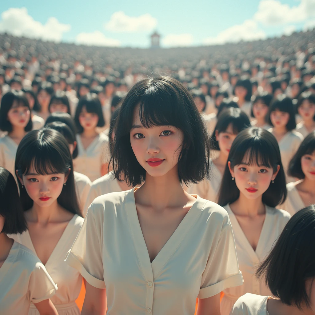 (((((Japanese Clone girls=Myself)))))), (((Best Super High quality Myself Clone girls Raw Photography Art))), (16K, Highest quality, Ultra-high resolution, RAW Photos), (((It's so unrealistic., With unparalleled depiction, With an unfathomable sight, An unprecedented and shocking worldview, Clone girls in a world of mass reproduction, Ultra-realistic))), (((Japanese, woman, 20yo, Saito-Asuka))), (Small face, ((Thick black hair, Semi-long hair))), ((V-neck short-sleeve dress)), (((((Very detailed美しい女体, Accurate body structure, Very detailed完璧な, Super busty body with very large breasts, Clearly emphasizes cleavage))))), (((Dark Eyes, Mature face, Cute Smile, A gentle gaze))), (((Her happy and smiling expression is so cute))), ((((((((Very detailed分身増殖描写, ((1girl→Myself cloning→1,000,000,000,000,000,000,000,000,000,000,000,000,000,000,000,000,000,000,000,000Myself Clone girls)))))))))), ((((((((Very detailed, The precise depiction of the proliferation of Myself Clone girls, ((With the perfectly identical bodies of Myself clone girls, With the exact same face as the Myself clone girls, With the exact same hairstyle as the Myself clone girls, In the exact same clothes as the girls who are my clones, Perfectly the same height as the Myself clone girls, Super big breasts, just like the Myself clone girls)))))))))), (((Myself clone girls only))), (((Multiple pairs, Very detailed depiction, (Myself clone girls hug each other, Myself clone girls assemble, Fun conversations with fellow Myself clone girls, A fun conversation between Myself clone girls, Myself clone girls holding hands, Walking with lots of Myself clone girls)))), (((Everyone looks at the camera))), (((Unbelievably crowded, Transcendent Myself clone girls intimately, Countless Myself clone girls surround you in 360 degrees))), (Bright, soft sunlight), (((Very wide field of view, Very detailed, Detailed ultra-perspective depiction with clear depth, super wide top view))), (((((Where there is a curved slope))))), (((Very photographic and detailed depiction, Myself clone girls will multiply infinitely and fill the surroundings from one side to the horizon with their bodies tightly packed together without any gaps., A scene of endless Myself clone girls and a fun atmosphere))), (Focus on the average value of the image)