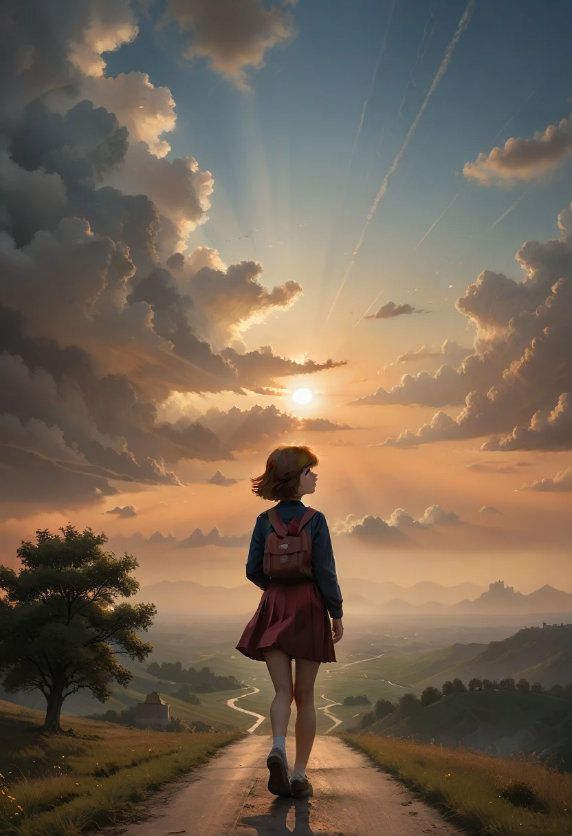 Sally Acorn, 1 girl, One, tree, sky, on open air, skirt, cloud, brown, hair, Sunset, lens, Flash, landscape, school, uniform, Sun, wind, long, sleeves, animal nose