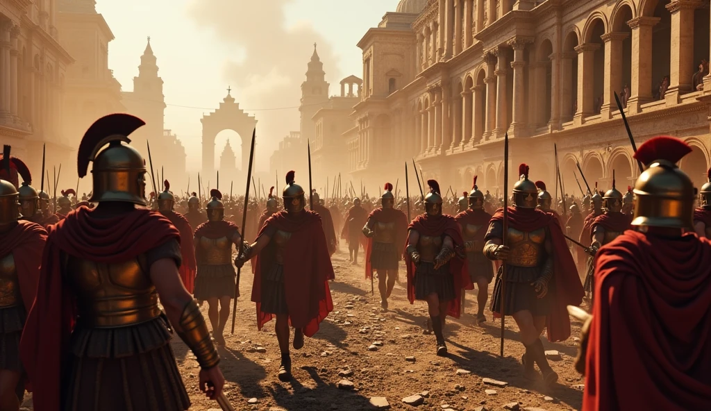 30 a.c; (masterpiece, best quality) destroyed city (Roma); great battle; Roman soldiers attacking enemies.