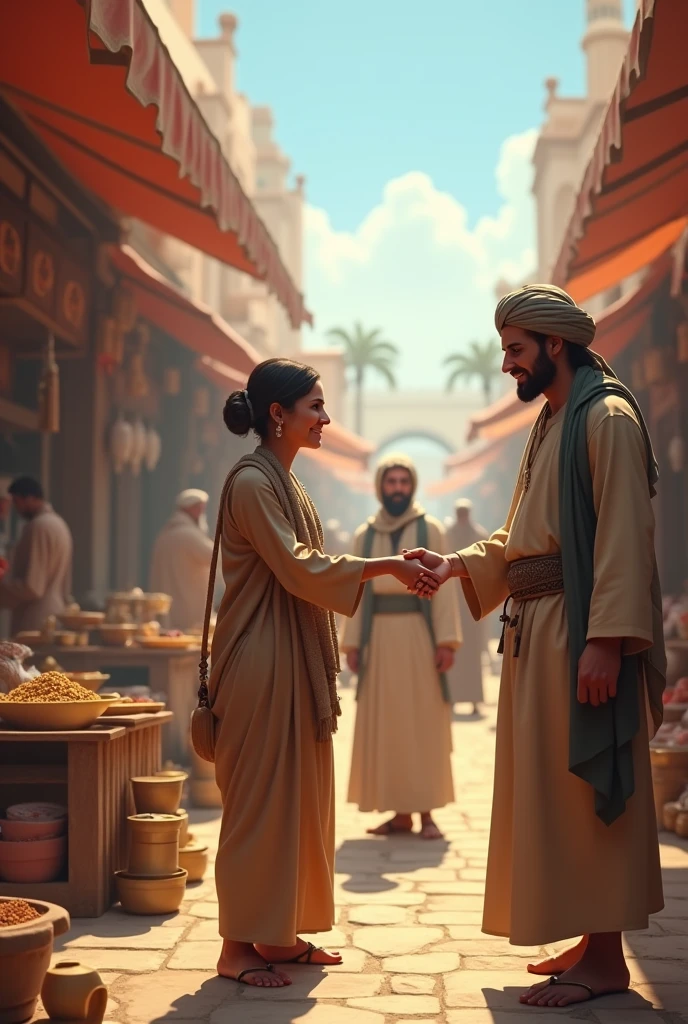 A tranquil market scene in ancient Mecca, with a handsome young man, a handsome man wearing a turban with a calm demeanor and friendly eyes, meet a dignified and graceful woman in her 40s, wearing simple clothes at that time. The background is filled with market stalls, tooth, and traders. bright sky, marks a sunny day.3d realistic