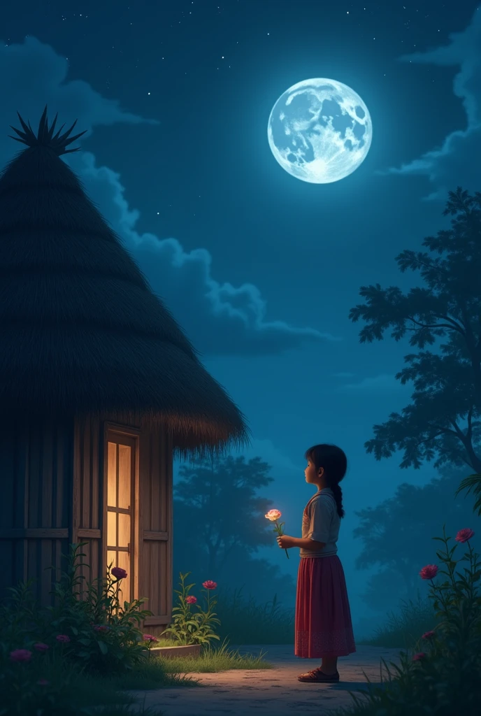 A young girl from Bangladesh is standing beside a traditional thatched house, holding a rose in her hand. It is nighttime, and she is gazing up at the moon. The scene is illuminated by the soft glow of moonlight, highlighting the serene rural landscape around her. She is wearing traditional Bangladeshi clothing, and the surrounding area is calm and peaceful, with the silhouette of the thatched house and the moon shining brightly in the dark sky.
