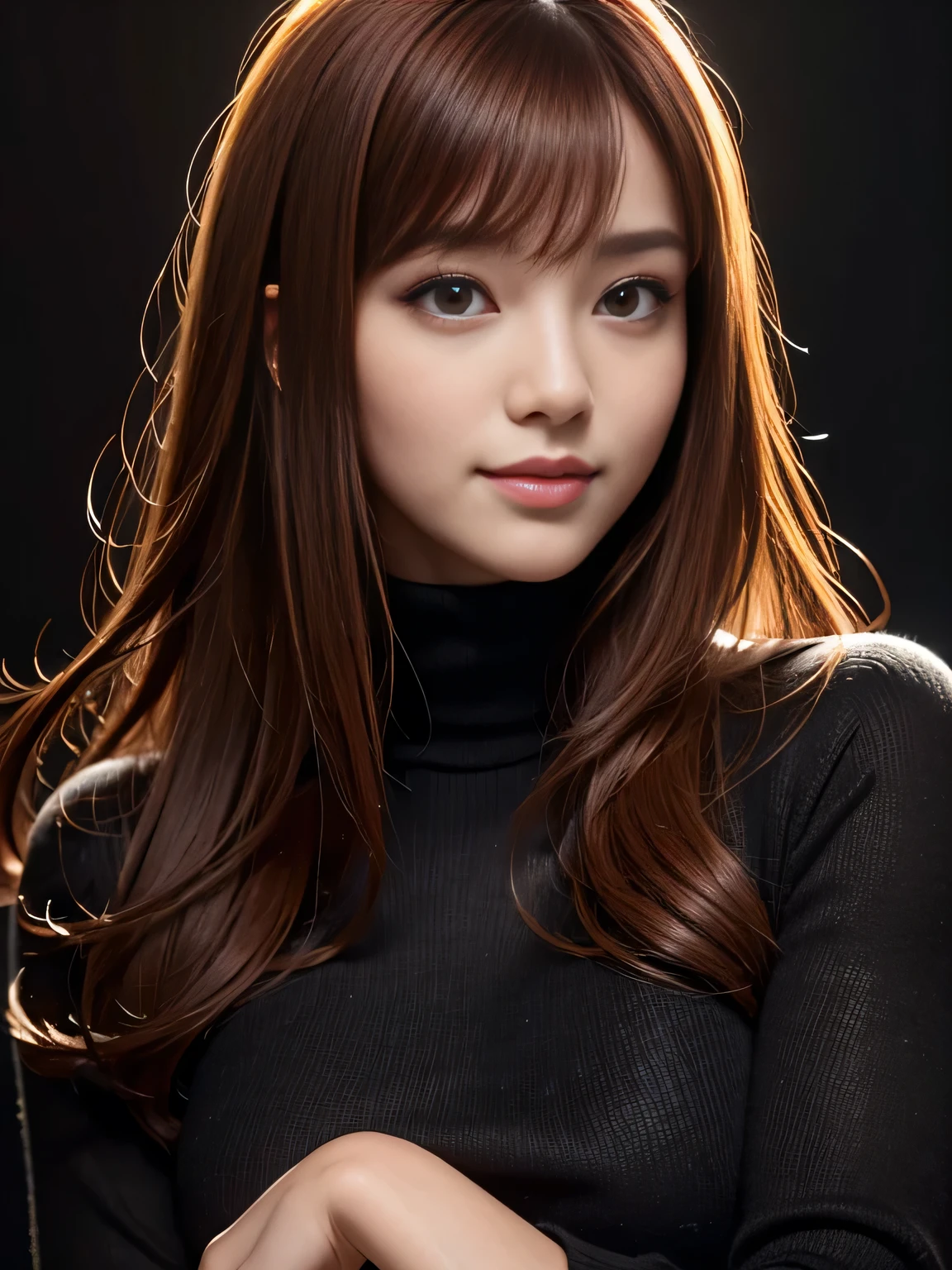 masterpiece, best quality, ultra-detailed, intricately detailed hyperdetailed, realistic, sharp features, highly detailed, sharp focus, Cute Japanese, young adult, perfect face, perfect face, perfect symmetrically perfect eyes, perfect full lips, flexible female form, hyper detailed, hyper realistic, high resolution, vibrant, dynamic studio lighting, Moody Lighting, Underexpose Lighting, ((Dark background)), (discret smile), Red hair, asymmetrical hair, asymmetrical bangs, brown Eyes, black sweater, cowboy shot, 