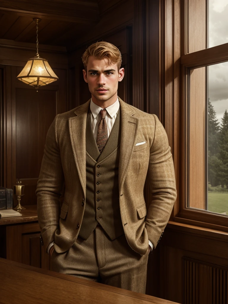 Illustration in Leyendecker style: English country gentleman, 30, ruggedly handsome, Theo James reminiscent, receding ginger blonde hair with a widows peak, broad, beefy, muscular build, short beard, standing in a stately home with high ceilings and wooden paneling, wearing a tweed jacket, contrasted against an atmosphere of a foreboding storm outside visible through a large mullioned window, warm with nostalgic undertones, digital painting