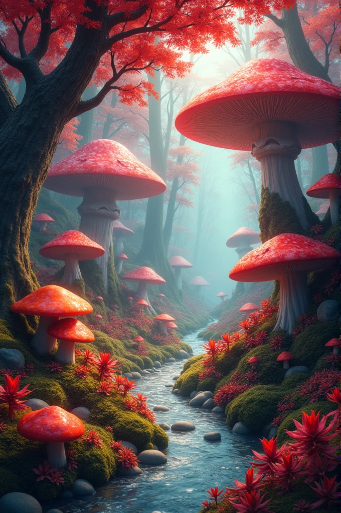 an enchanted forest with red terrestrial vegetation and many trees with red leaves. lots and lots of giant mushrooms around a river, full of little stones that shine on its bottom