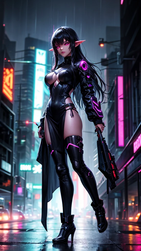 dark Elf, Young woman, cyberpunk, full length, night, rain, neon city, blurred background