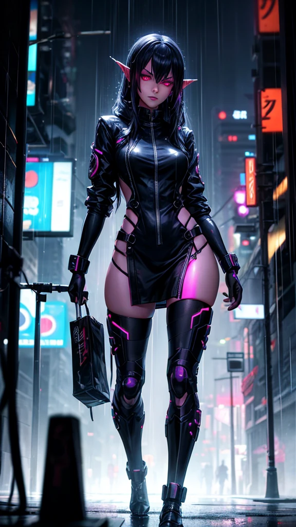 dark Elf, Young woman, cyberpunk, full length, night, rain, neon city, blurred background