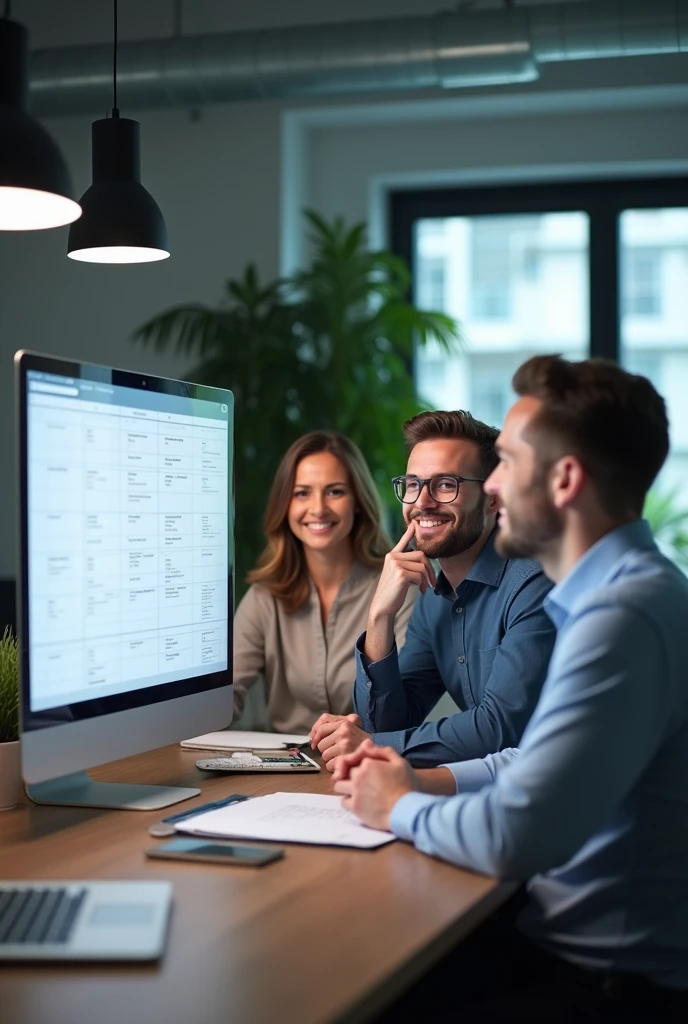 Focused and satisfied work team, with a well-organized calendar on the screen
