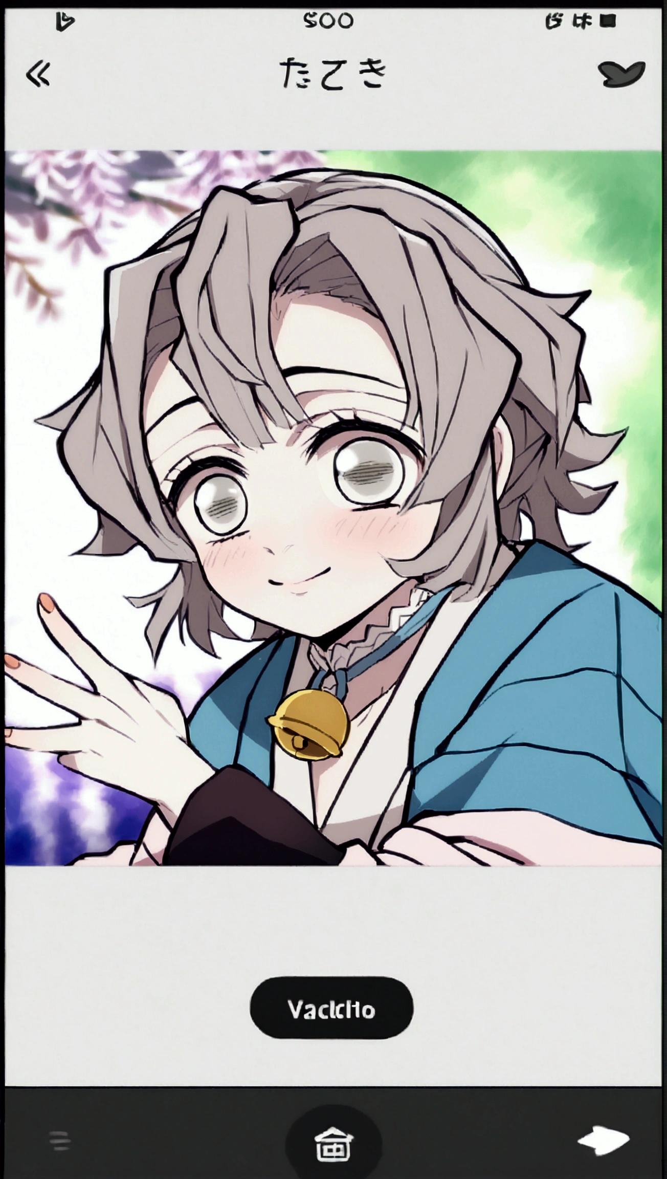 estilo kimetsu no yaiba, tomboy girl kneeling on tatami, very short gray hair, white left eye, black right eye, nostalgic expression, Pale skin, demon hunter, Cream-colored haori with white pompoms on the tips of the sleeves, hairy on the neck, bell on the neck