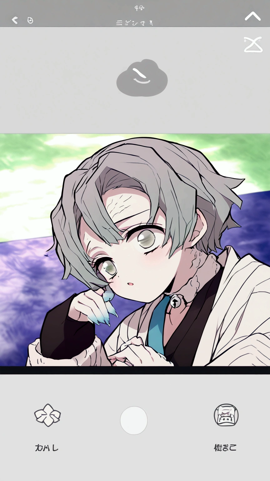estilo kimetsu no yaiba, tomboy girl kneeling on tatami, very short gray hair, white left eye, black right eye, nostalgic expression, Pale skin, demon hunter, Cream-colored haori with white pompoms on the tips of the sleeves, hairy on the neck, bell on the neck