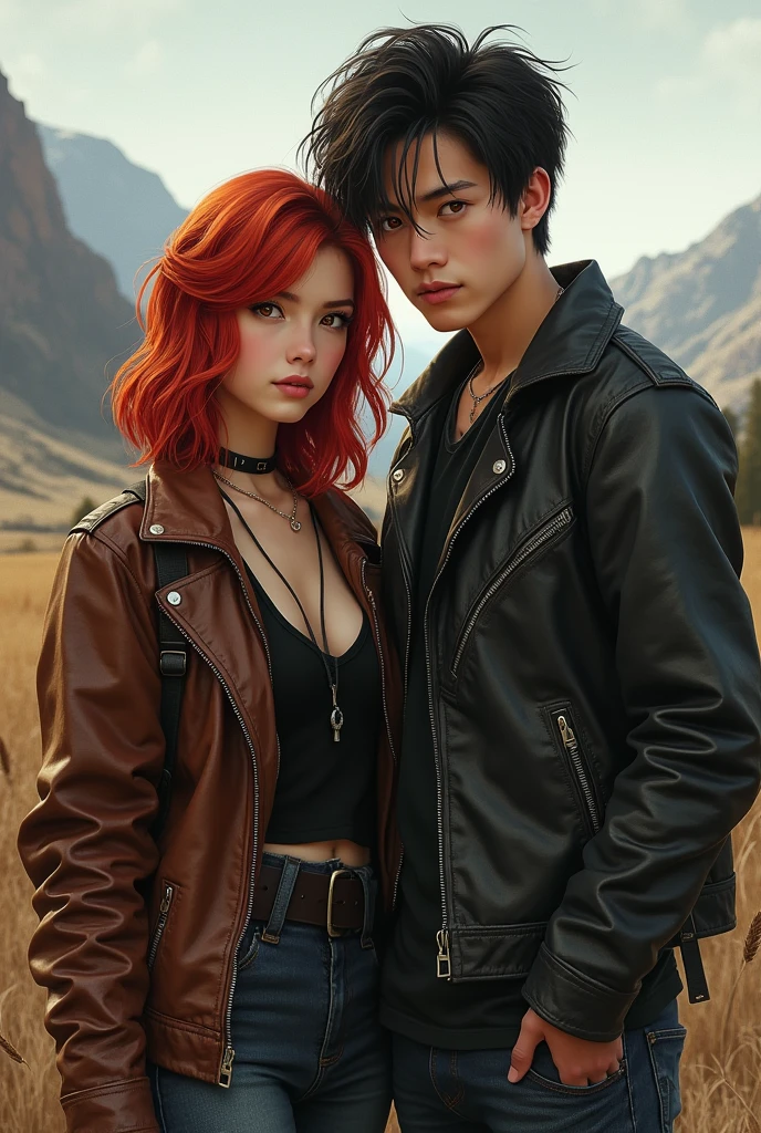 Red-haired girl with shoulder-length hair in a Nordic style, medium bust, and rocker-style clothes/grunge light brown eyes next to boyfriend with medium black hair in rock quiff style Billy in realism 