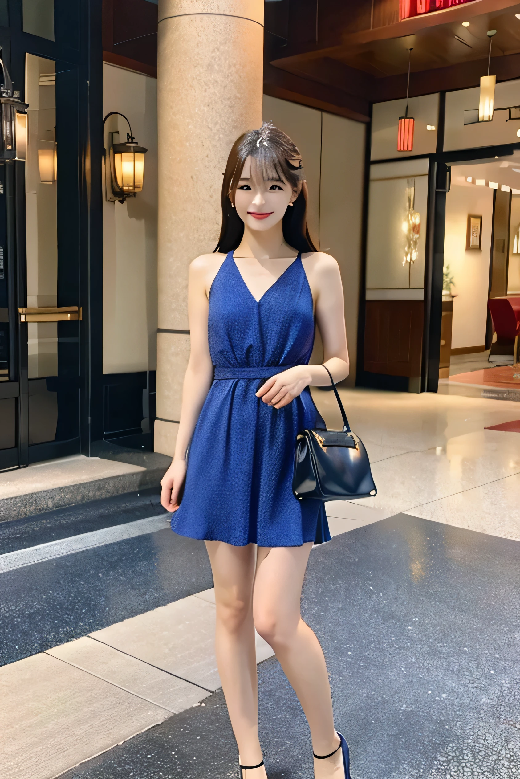 ((best quality)), ((masterpiece)), (detailed),
one japanese girl, sexy,stand front, hotel entrance,full body, bleu dress