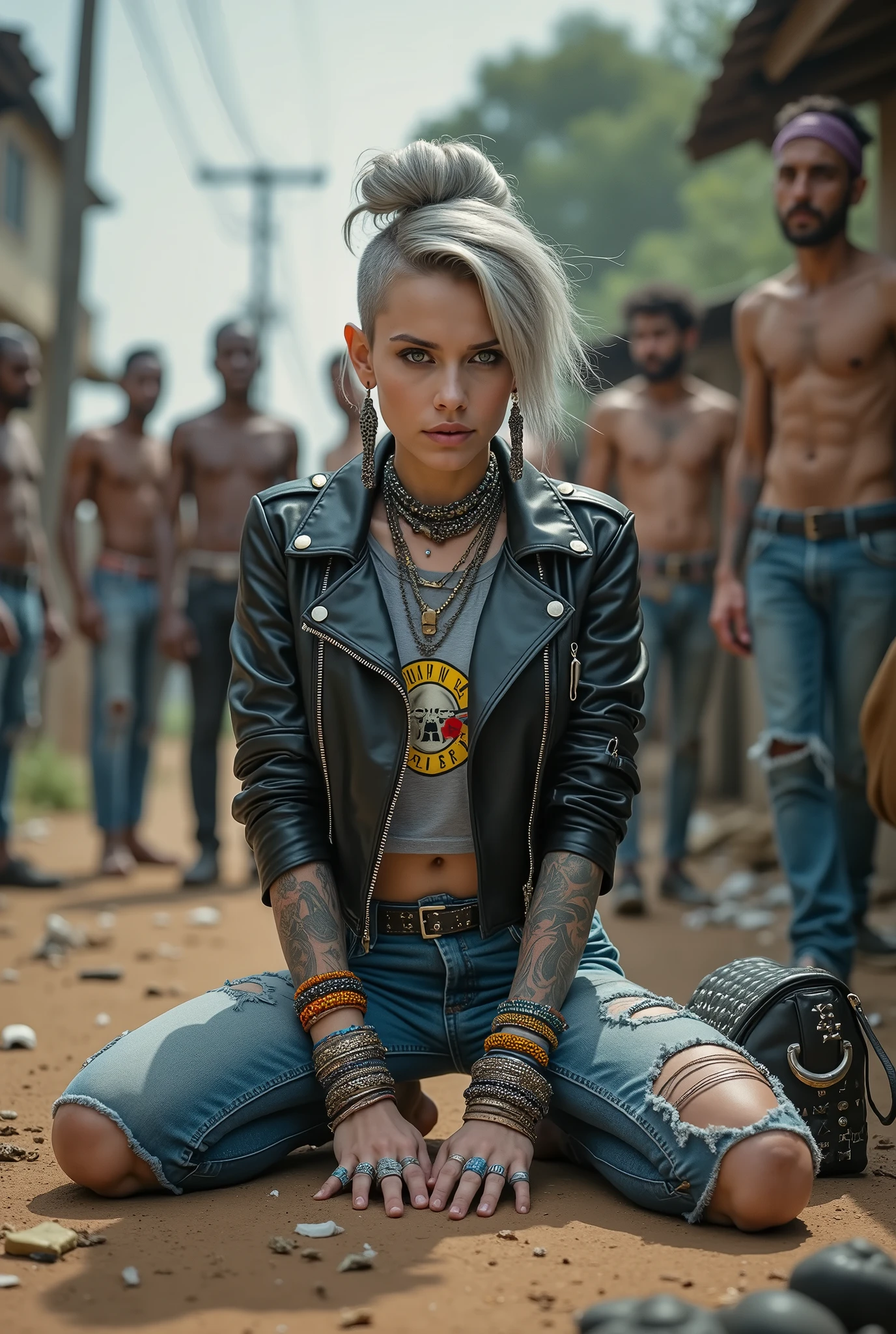 russian milf woman, grey hair (pouf, and top bun and shaved sides) and oversized square maxi sunglasses as bandana, with very light blue eyes, extremely pale. Wearing aged black cropped moto jacket, padded shoulders, with lots of zippers and pins; aged dark grey cropped t-shirt with guns and roses logo  , skinny blue jeans with holes in knees and dirty white tennis sneakers. Dirty knees and dusty hands. Lots of metallic bracelets, lots of boho pendants and lots of colourful beads collars. Tacky wide studded leather belt with oversized skull and bones buckle. Long bohemian earrings with colourful feathers. Kneeling like in a payer, chin up stretching her neck , humble facial expression. Hands on her knees, showing off bracelets and rings. studded black leather tote bag with chains on the floor, next to her..  Listening in amazement to somebody speaking to her, well toned abdominals, thin neck, slim legs and thin arms. Tattoed heavily on chest and hands.  Dirt street in Kenian village full of waste. A lot of tanned shirtless fat men in jeans around looking at her. next to her, all her belongings scattered on the floor: makeup kit, little makeup mirror, studded black leather tote bag, lipstick, wallet, moble etc on the floor