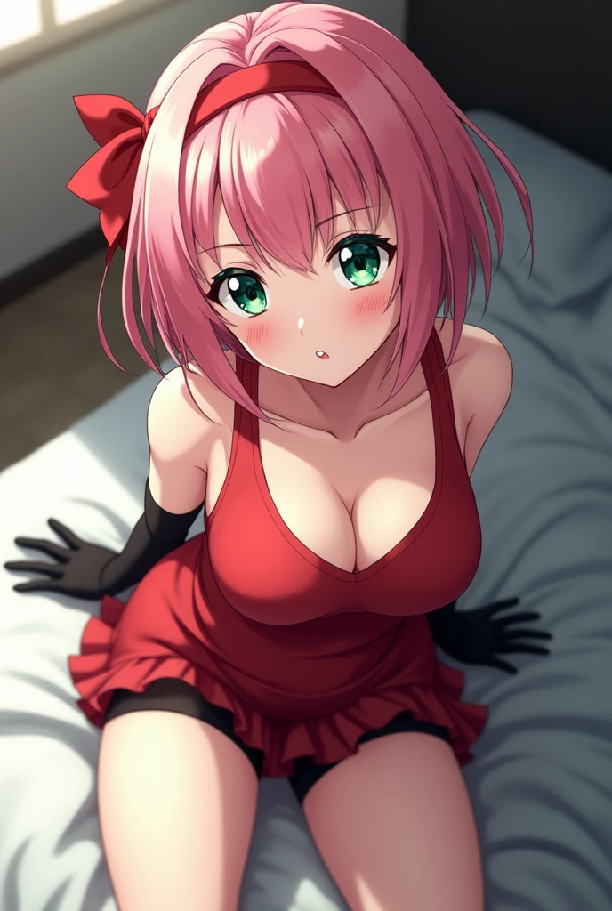 sakuraharuno, sakura haruno, short hair, bangs, (green eyes:1.5), pink hair, hairband, facial mark, (forehead mark:1.2), red hairband, (swept bangs:1.5), (medium breast),
BREAK chinese clothes, dress, (red dress:1.2), short skirt, black shorts, gloves, black gloves, sleeveless,
BREAK looking at viewer, (ahegao:1.5), (rolling eyes:1.5)
BREAK indoors, bed,
BREAK (masterpiece:1.2), best quality, high resolution, unity 8k wallpaper, (illustration:0.8), (beautiful detailed eyes:1.6), extremely detailed face, perfect lighting, extremely detailed CG, (perfect hands, perfect anatomy),