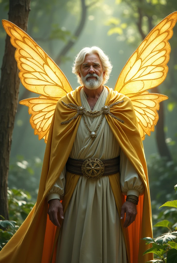 A King of the Fairies, a grown man. He has light blonde to white hair and a short beard in the same color. His wings shine in a soft gold. He smiles. 