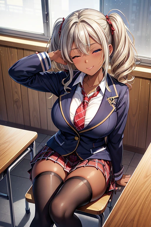 #Basics Girl posing for a photo, animeのcute少女, ((One Girl)), (((Baby Face:1.7)) + ((cute:1.5)) + (())),
break
#Clothing Accessories
((school uniform) : (Dark blue student blazer) + (Red tie) + (White dress shirt) + (Red and white plaid pleated skirt:1.2)), ((Black knee-high stockings:1.2)), (Brown Loafers),
((Fancy Gold Bracelet) + (Gold Hoop Earrings) + (Gold ear cuffs) + (Silver embellished necklace)),
break
#Features
((blonde)), ((胸元まで届くCurly Hairのサイドヘア)), ((High Twintails) : short hair + Full hair + Voluminous Hair + Curly Hair + Messy Hair + Tied with a red string ribbon),
((Droopy eyes:1.4), (Big eyes:1.4)), (blue eyes),
((Big Ass), (Big thighs)),
(Tanned dark skin:1.4),
break
#background environment
((noon + You can see the ground + (Steel-reinforced concrete) + School classroom:1.2, (blue sky))),
#Facial Expression Pose
((Wicked Smile, one eye closed:1.1)), ((Sit in a chair by the window, Put your hands behind your head)),
#composition
((Angle from the front:1.2, head shot:1.5)),
break
#Body parts elements
(Slim figure),
(Symmetrical facial features),
(Detailed Hair, Beautiful Hair, Shiny Hair),
(double eyelid, Long eyelashes, Thin eyebrows:0.5),
(Expression of fine eyes, Beautiful and delicate eyes, Sparkling eyes, Eye Reflexes, Glitter Eyeliner),
(Human Ear),
(Beautiful Nose, Thin Nose),
(Glossy Lips, Beautiful Lips, Thick lips),
(Detailed skin, Textured skin, Beautiful Skin, Oily skin),
break
#quality
(((最高quality)), ((masterpiece:1.3)), ((Very detailed))), ((Ultra-high resolution)), ((16K)), ((1080P)), ((Full HD)),
((Anatomically correct)), ((Realistic)), (3DCG), ((oil)),
((comics, anime)), (CG illustration), (RAW Photos),