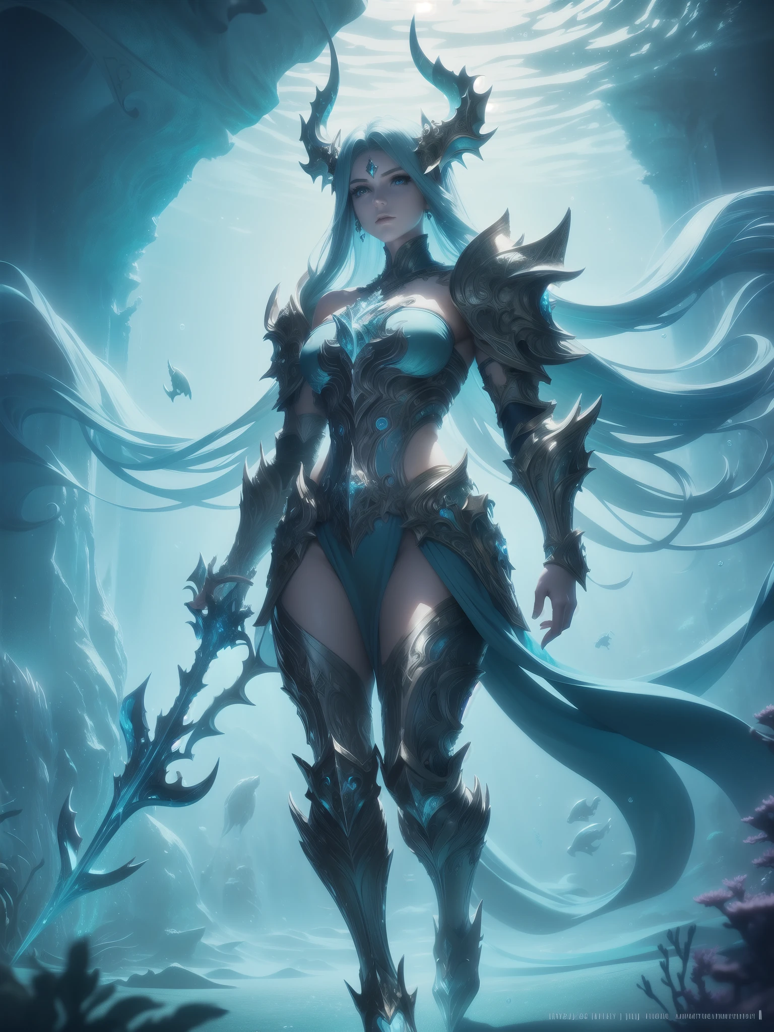 Photorealistic image ((Masterpiece)), ((high quality)) UHD 8K, of the Goddess Ran, goddess of the Nordic seas, realistic, Sea Elf, (medium chest), (thin waist), (long turquoise hair), ((body view full)), ((Full body fantasy armor)), with blue scales, (((large shoulder pads and intricate ice blue lights))), ((powerful trident in her right hand)), ((in her underwater kingdom under the sea, fantastic celestial palace underwater submarine)), (mythological lighting and fantasy atmosphere), Dynamic lighting, heavy shadows, 
