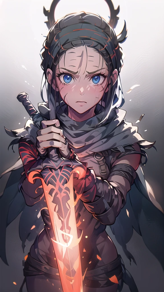 Senua from hellblade, 1girl, holding glowing sword, sword fighting poses, wide angle, damaged leather clothing, thigh cutout, forehead and eyes painted dark blue, determined expression, 16k, best quality, detailed face, beautiful blue eyes, best hands, perfect hands, unreal engine rendering style, award winning digital art, darkly atmospheric lighting 