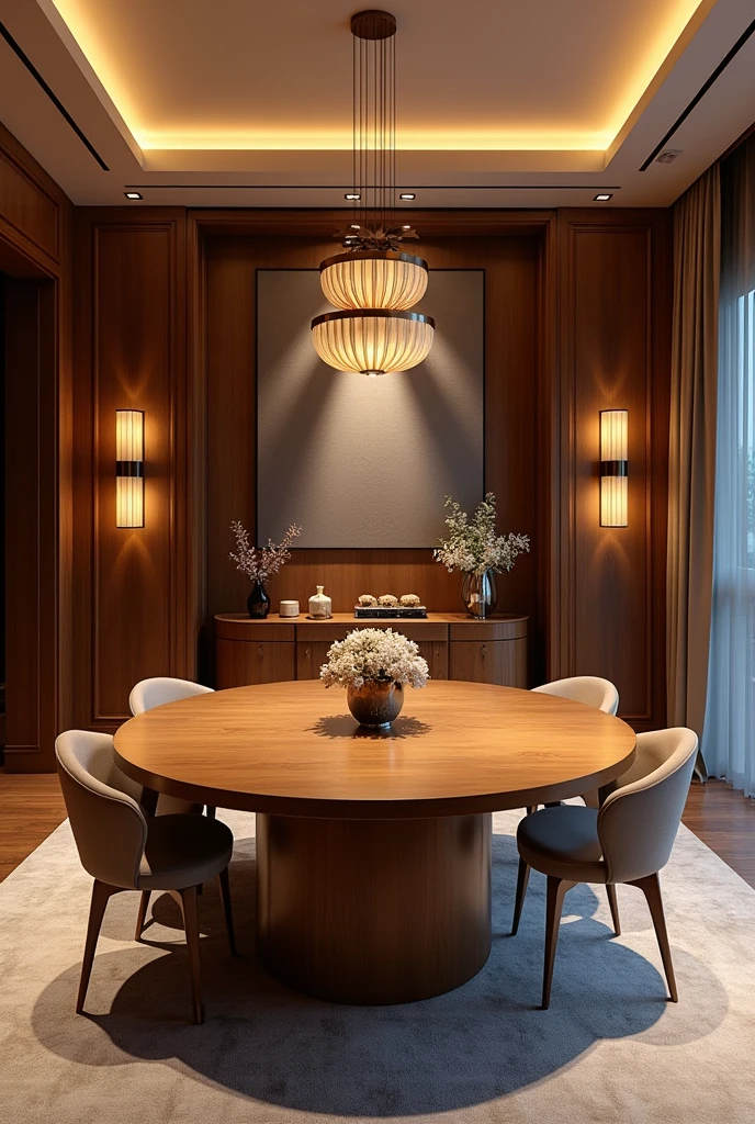 Luxurious dining room apartment wood color round brown table 