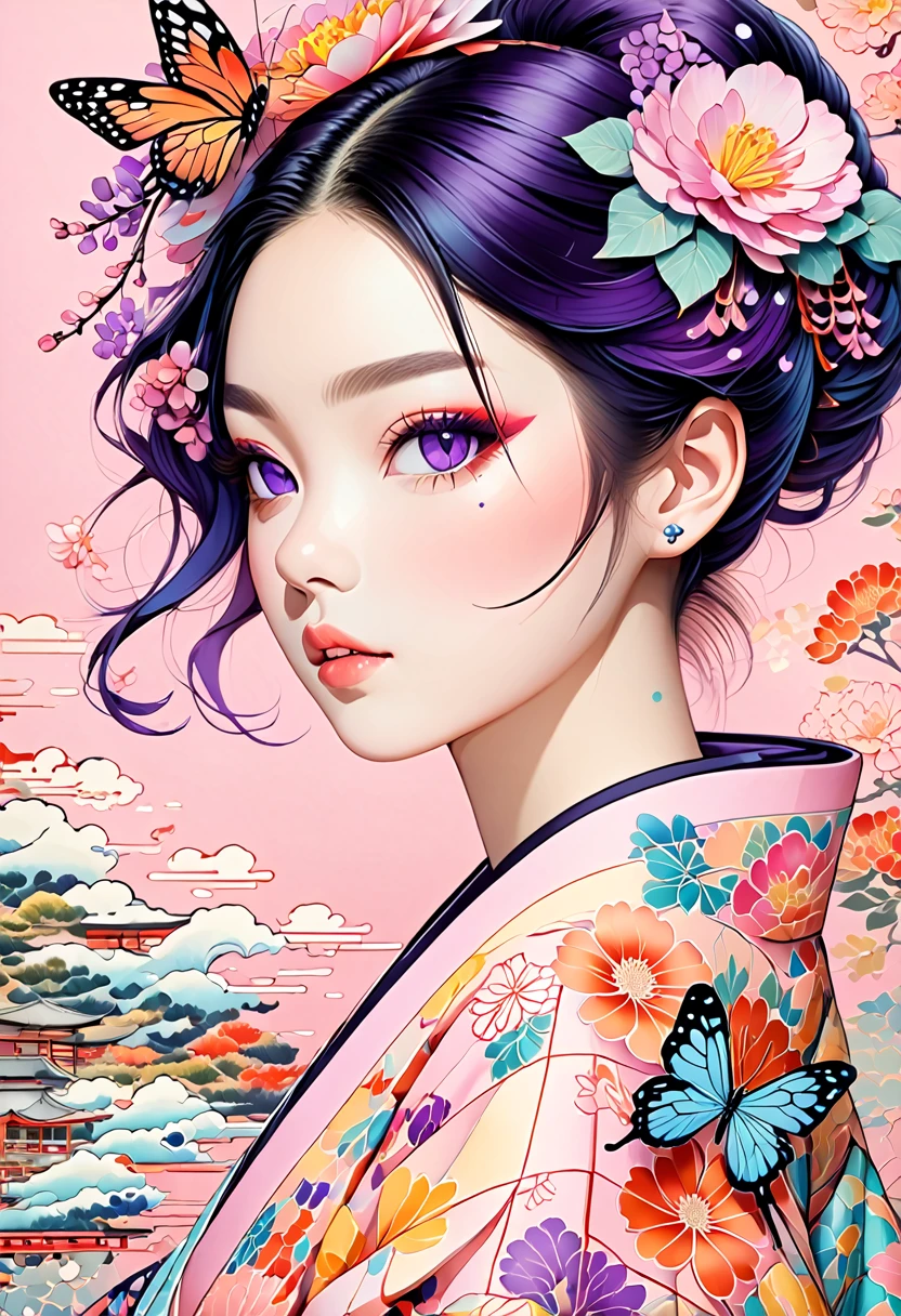 A mesmerizing surreal illustration of a young japanese woman resembling Shinobu Kouchou. She has black hair, purple eyes, ((a butterfly hair ornament)), and wears a vibrant pastel colored outfit adorned with intricate floral patterns. Freckles dot her smooth, warm complexion, and bold, colorful tattoos cover her arms and legs. The tattoos feature traditional Japanese motifs like flowers and mythical creatures, rendered with meticulous detail in a pastel color palette. The background is a vintage floral-patterned wallpaper that complements the artwork's colors. The line work is precise, with delicate shading that gives the illustration a 3D quality. The artwork fuses modern illustration techniques with traditional Japanese aesthetics, resulting in a visually striking, portrait,
