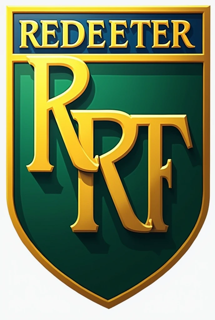 Crie um escudo de time de futebol com the name Redeemer O formato do escudo é retangular com bordas arredondadas A base do escudo é predominantemente verde, with yellow and blue details, At the center, the name "Redeemer" is displayed in a robust and stylized typography, standing out in golden letters. Acima dthe name, a blue and gold horizontal stripe adds a touch of sophistication. The shield is framed by a realistic thin golden border 