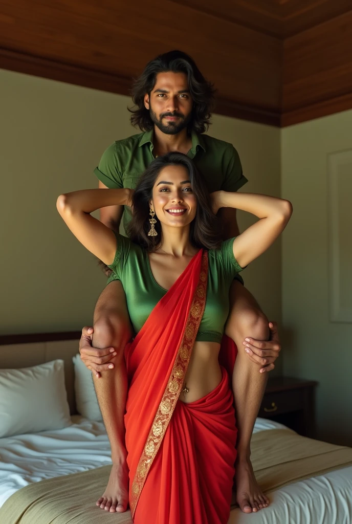 Beautiful and Slim Indian woman Aishwarya Rai in green satin blouse red saree , lifting a large chubby man above her shoulders, man is sitting on woman's shoulders, natural smile, in a bedroom with high ceiling , full body view