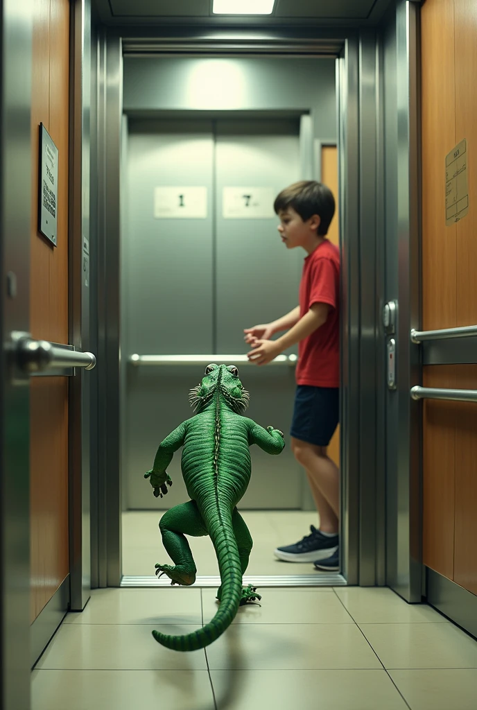 An iguana running towards the elevator of an apartment while a teenager is scared in the elevator and they are trying to close the elevator.
