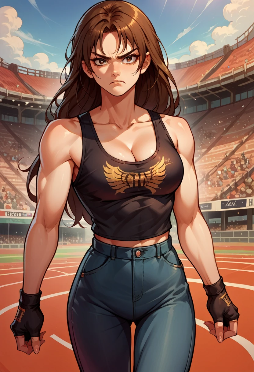 score_9, score_8_up, score_7_up, source_anime, 1girl, solo, (female:1.5), female focus, kyo_nest, brown hair, long hair, brown eyes,   black shirt, blue pants, tight pants, chain, cleavage, sleeveless, fingerless gloves, public cheers, standing, pout, looking at you, coliseum