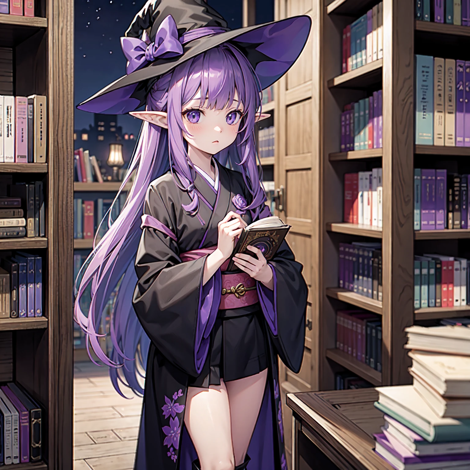 A girl taking a book from a bookshelf. She's fishing for bookshelves. Which book shall I choose? Purple hair. A girl with long purple hair. Pointy elf ears. Her clothes are simple: a black robe with wide sleeves and a black miniskirt. Her knees stick out. There is a V-shaped white insert in the front, like a kimono. A witch's hat with purple ribbons on both sides. Black boots. Standing. BACKGROUND: Outside window, night, library, no other people. Unoccupied library. Lots of lined bookshelves. Vivid. Nostalgic.