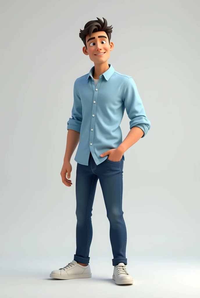 Make me an animation of a man wearing a light blue shirt and dark blue pants 