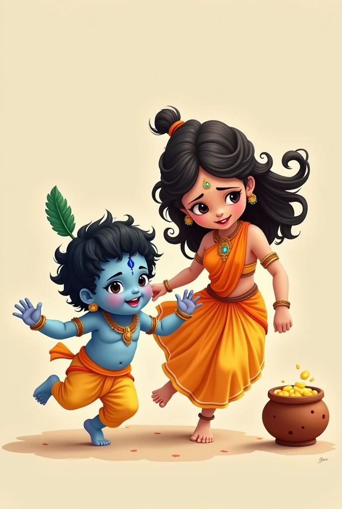 Cute baby lord krishna with a feather on his head is being mischivious there is a small clay pot of butter kept and his mother who looks like a goddess is trying to catch Krishna who is running away, on a plain background