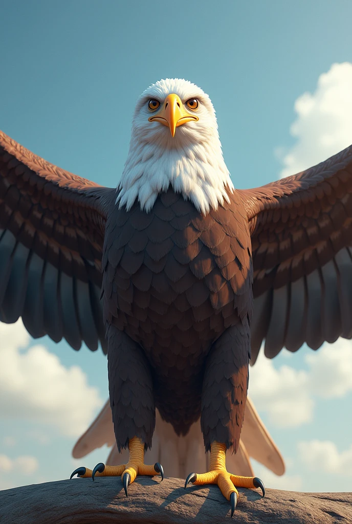 (photorealism:1.2), eagle, front view, sky background, wing span