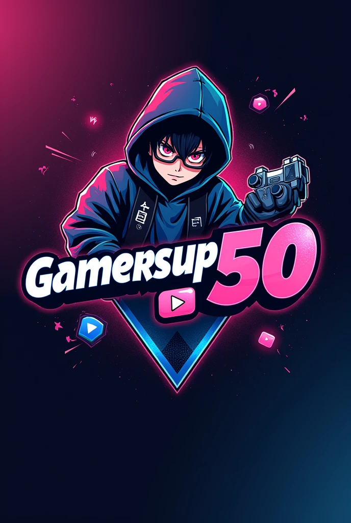 This is a gaming logo that features the name "GAMERSUP50" in a futuristic font and a pink blue color. and horror boy Anime avtar, The logo also has a stylized controller icon and a YouTube play button in the background. The logo is designed to be attractive and eye-catching, and to appeal to gaming enthusiasts and YouTube viewers. I hope you like it. Half  image 