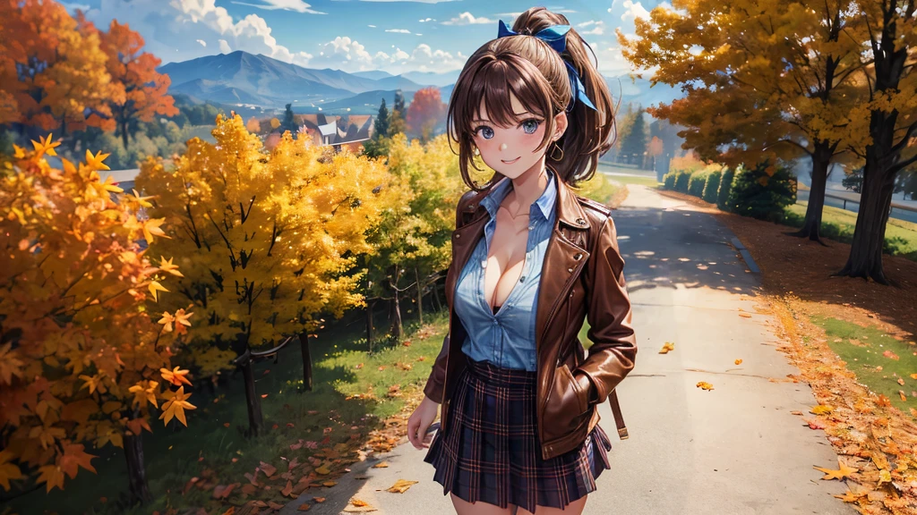 1girl, solo, trees, sun, clouds, autumn, colorful trees, falling leaves, ((brown hair)), ponytail, large breasts, ((brown leather jacket)), button down shirt, ((blue checked shirt)), ((unbuttoned shirt)), unbuttoning buttons, ((full cleavage)), blue eyes, long skirt, brown boots, smile, happy, looking at the viewer, walking, upper view, hair ribbon, golden necklate, earring