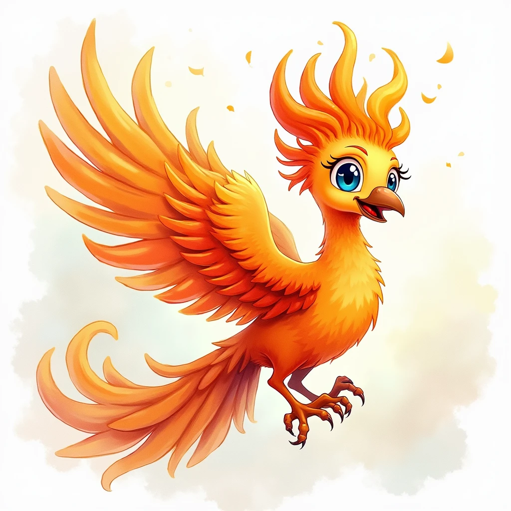 Mythical Phoenix, Cartoon watercolor painting style, playful cartoon character, dynamic composition, whimsical expression, soft and fluid texture, adds charm and personality, subtle gradients and blending, captures light and atmosphere, creates soft and dreamy scenes, watercolor texture, (best quality, masterpiece, photorealistic), very aesthetic, perfect composition, intricate details, ultra-detailed, vivid colors