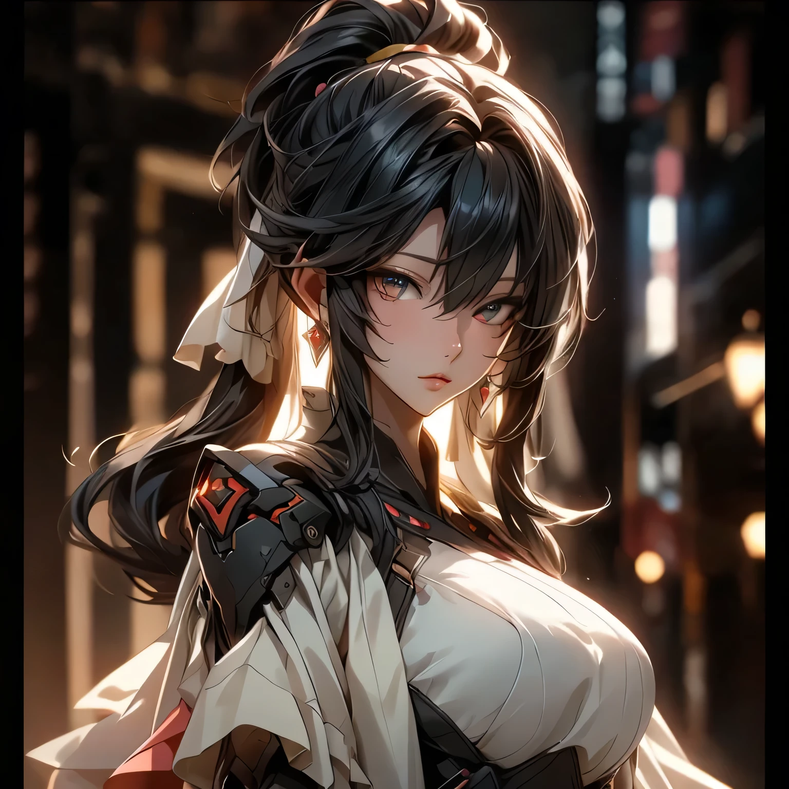 (best quality)), ((Masterpiece)), (details:1.4), 3d, HDR (high dynamic range), an image of a beautiful cyberpunk female, Black hair, High ponytail, Golden eyes, จมูกโด่ง, ปากแดง, หน้าอกใหญ่, nvidia RTX, PBR surface, After processing, Anisotropic filtration,depth of field, Maximum clarity and clarity, multi-layered surface, Subsurface scattering, perfect proportions, 8K raw files, ultra detailed, Perfect proportions, volumetric lighting, soft lighting, Holy Paladin, Heavy Blacke Armor, glossy skin, castle background, jewely, ต่างหู, นิ้วมือสมบูรณ์,