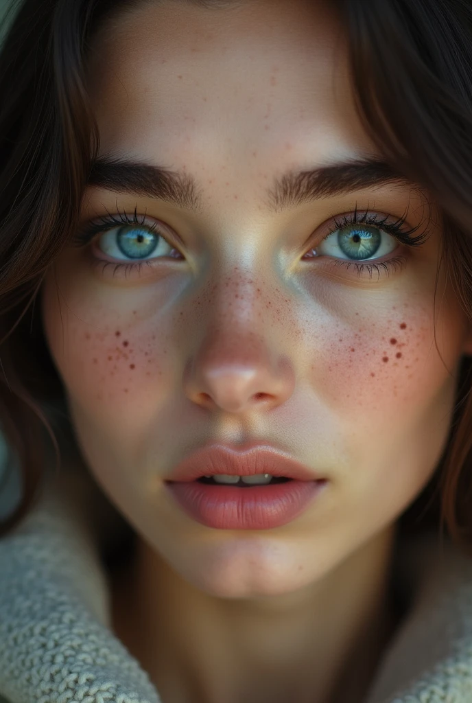 A close-up of a woman's blue eyes, softened look, linda, with freckles