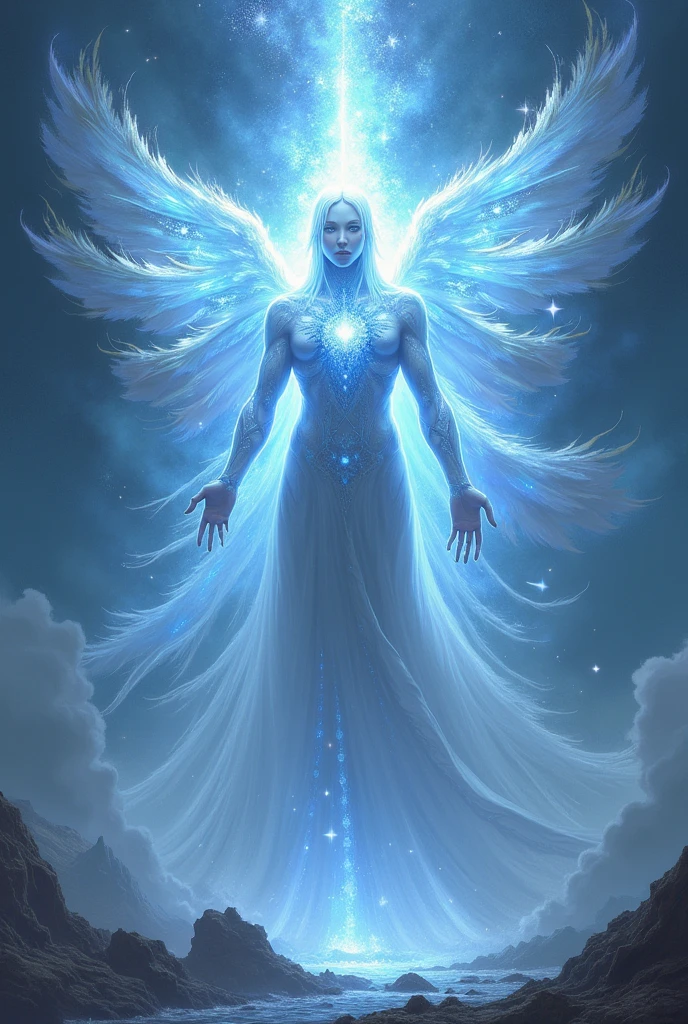Create an image of Aerathiel, a God who emanates light and a fearsome aura.