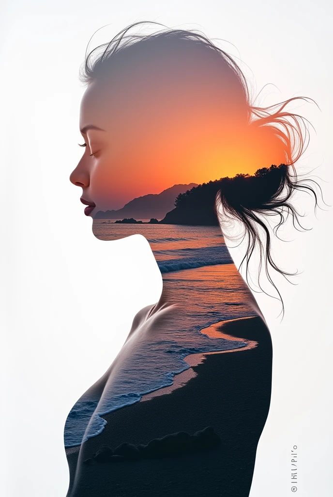 high quality, 8K Ultra HD, A beautiful double exposure that combines an goddess silhouette with sunset coast, sunset coast should serve as the underlying backdrop, with its details incorporated into the goddess , crisp lines, The background is monochrome, sharp focus, double exposure, by yukisakura, awesome full color,