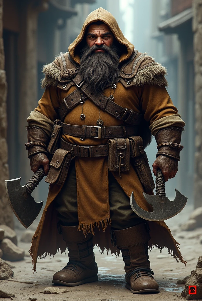 A little side of the dwarf race, who uses two small hatchets as weapons, one in each hand and a hand crossbow on his belt, with dark brown braided beard and hood, besides rogue clothes, he has a wry smile on his face. inspirado no jogo do RPG d&d