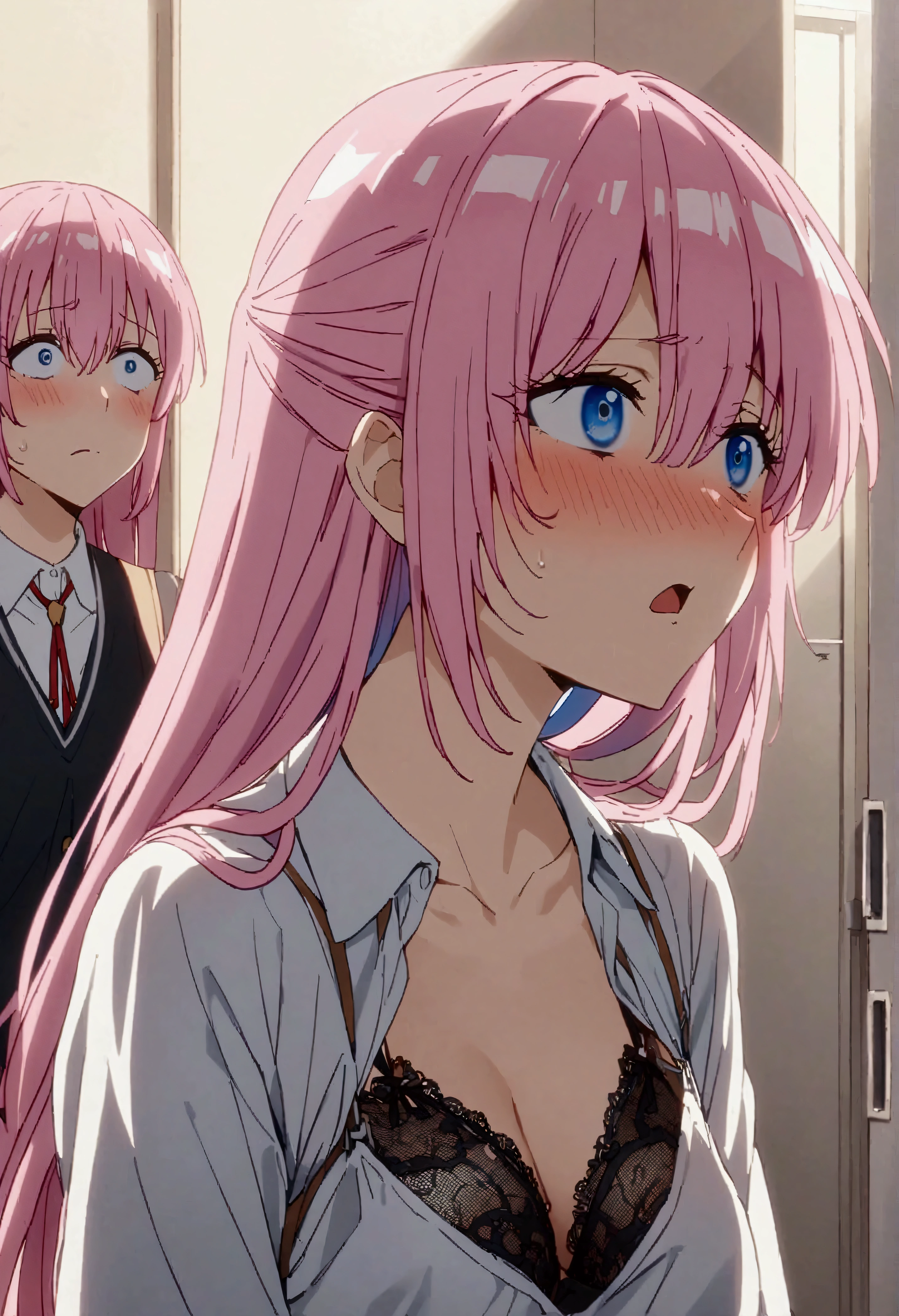 NSFW,masterpiece,Highest quality,High resolution,Very detailed,Shikimori-san\(可愛いだけじゃないShikimori-san\),Pink Hair、Long Hair、blue eyes、Hair between the eyes、bangs,Surprised face,blush,High-quality lace lingerie,School,locker room,locker room,bench