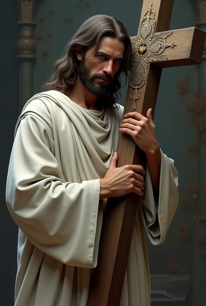 Serious Jesus dressed in white holding a crucifix in the right corner of the image