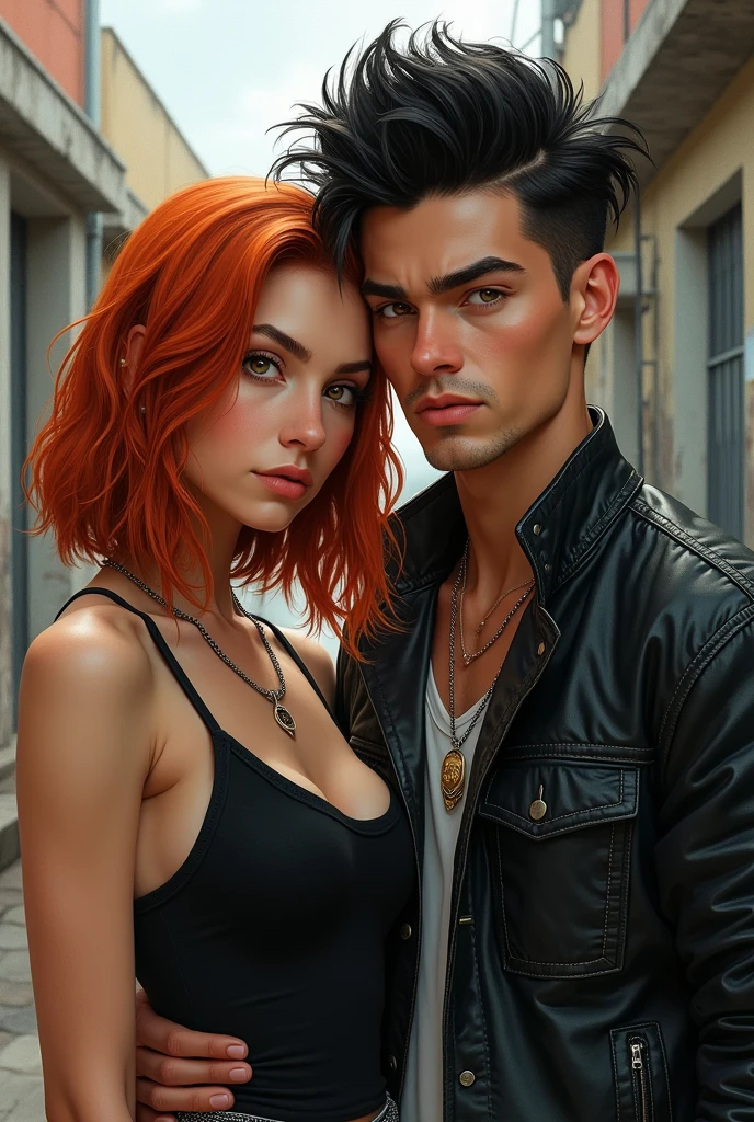 Girl with shoulder-length copper-red hair in Nordic style, medium bust, wearing rocker style clothes/grunge light brown eyes next to boyfriend with medium black hair in rock quiff style Billy in Brazilian realism