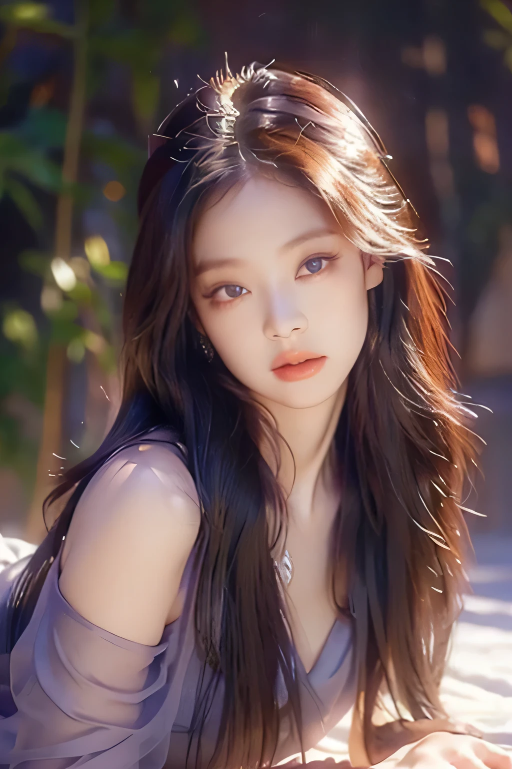 Jennie, purple satin dress, long hair, beautiful detailed eyes, beautiful detailed lips, extremely detailed face, longeyelashes, elegant pose, dramatic lighting, cinematic, chiaroscuro, dramatic shadows, moody, atmospheric, photorealistic, 8k, best quality, masterpiece, foliage background