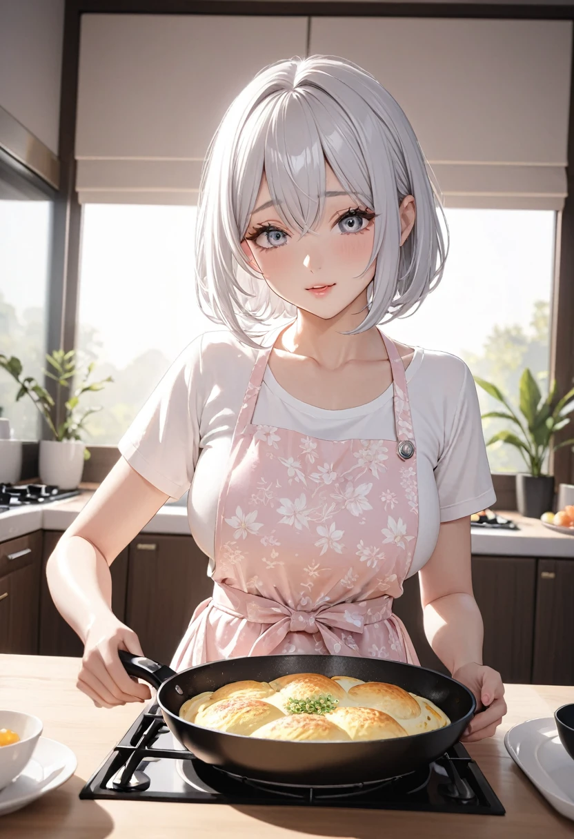 masterpiece, glowing particles, ambient lights, cute, full body detailed, 32K, high details, perfect lighting, perfect anatomy, soft light, BREAK ((shiny silver hair)), bob cut, bang between eyes, beautiful hair), (glossy silver eyes:1.5), (beautiful eyes, twinkle eyes, large eyes, close eyes), BREAK (athlete body, large breasts), cute face, beautiful face, pretty face, beautiful, best quality, good anatomy, long eyelashes, expressive eyes, Perfect Hands, BREAK pink botanical print apron, white shirt, short sleeves, morning, dining room, She is baking a Perfect French Omelets in a frying pan on the stovetop,