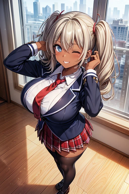 #Basics Girl posing for a photo, animeのcute少女, ((One Girl)), (((Baby Face:1.7)) + ((cute:1.5)) + (())),
break
#Clothing Accessories
((school uniform) : (Dark blue student blazer) + (Red tie) + (White dress shirt) + (Red and white plaid pleated skirt:1.2)), ((Black knee-high stockings:1.2)), (Brown Loafers),
((Fancy Gold Bracelet) + (Gold Hoop Earrings) + (Gold ear cuffs) + (Silver embellished necklace)),
break
#Features
((blonde)), ((胸元まで届くCurly Hairのサイドヘア)), ((High Twintails) : short hair + Full hair + Voluminous Hair + Curly Hair + Messy Hair + Tied with a red string ribbon),
((Droopy eyes:1.4), (Big eyes:1.4)), (blue eyes),
((Big Ass), (Big thighs)),
(Tanned dark skin:1.4),
break
#background environment
((noon + You can see the ground + (Steel-reinforced concrete) + School classroom:1.2, (blue sky))),
#Facial Expression Pose
((Wicked Smile, one eye closed:1.1)), ((Standing relaxed by the window, Put your hands behind your head)),
#composition
((Angle from the front:1.2, (full body))),
break
#Body parts elements
(Slim figure),
(Symmetrical facial features),
(Detailed Hair, Beautiful Hair, Shiny Hair),
(double eyelid, Long eyelashes, Thin eyebrows:0.5),
(Expression of fine eyes, Beautiful and delicate eyes, Sparkling eyes, Eye Reflexes, Glitter Eyeliner),
(Human Ear),
(Beautiful Nose, Thin Nose),
(Glossy Lips, Beautiful Lips, Thick lips),
(Detailed skin, Textured skin, Beautiful Skin, Oily skin),
break
#quality
(((最高quality)), ((masterpiece:1.3)), ((Very detailed))), ((Ultra-high resolution)), ((16K)), ((1080P)), ((Full HD)),
((Anatomically correct)), ((Realistic)), (3DCG), ((oil)),
((comics, anime)), (CG illustration), (RAW Photos),
