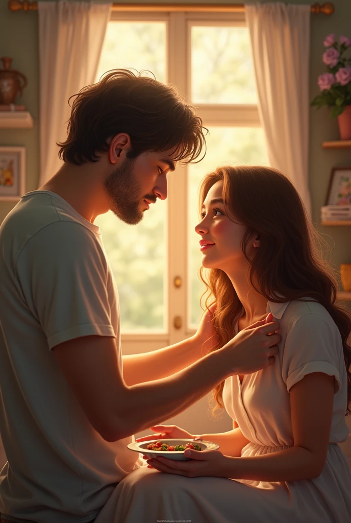 "Create a warm and tender image of a young Christian man caring for his girlfriend. Show the young man attentively and lovingly assisting or comforting his girlfriend in a meaningful way, such as offering a gentle touch, preparing a comforting meal, or providing emotional support. The setting could be a cozy, personal space like a living room or a serene outdoor location, enhancing the intimate and caring atmosphere. Both individuals should exhibit expressions of affection and concern, reflecting their deep connection and shared values. Use soft, natural lighting and warm colors to convey the sense of warmth and love in their interaction, highlighting the supportive and nurturing aspect of their relationship."






