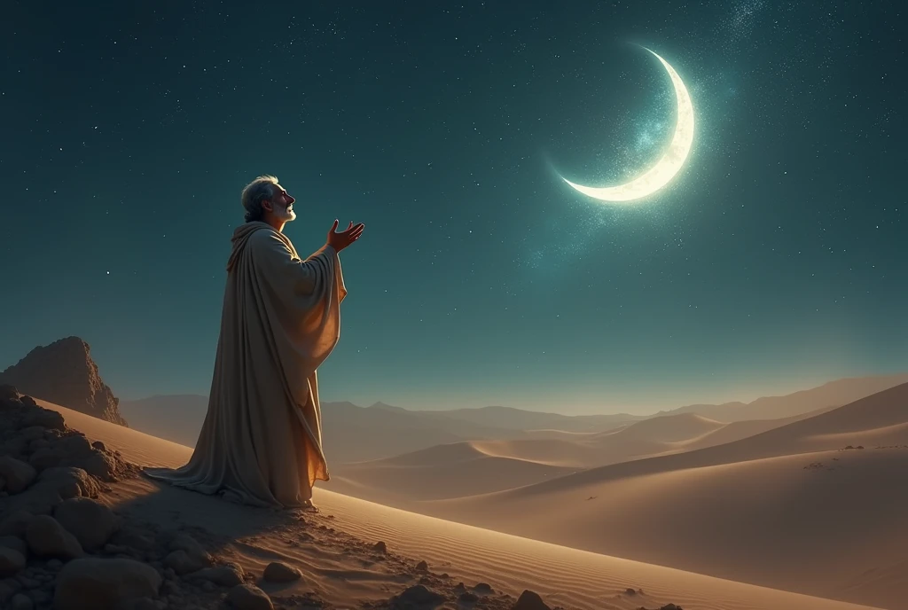 The Prophet raised both his hands in prayer to Allah at night in the desert towards the starry and moonlit sky.