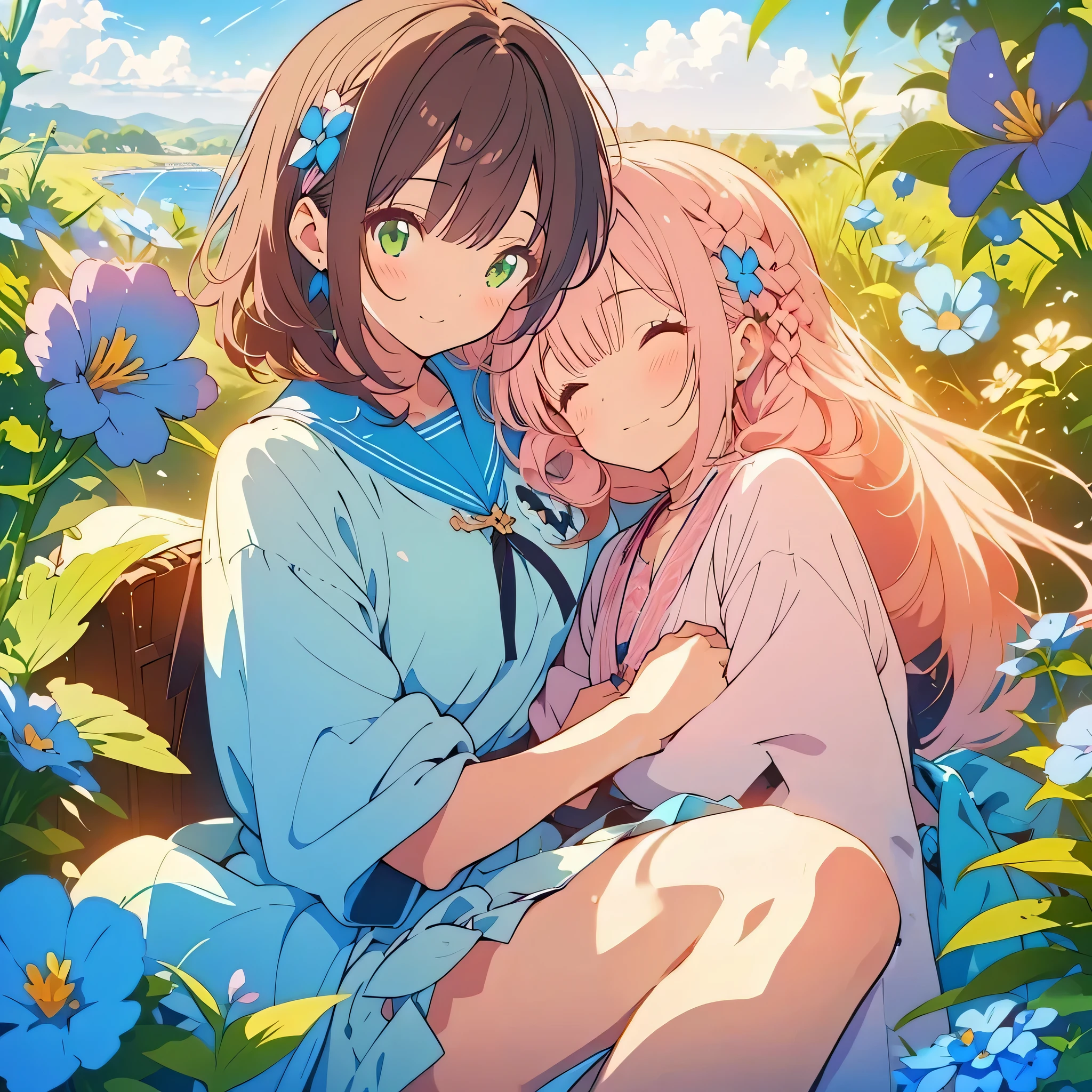 kawaii, anime, Cute, hyper quality, highly detailed, 8k, Clarity, Draw facial expressions in detail, Girl with long brown hair and green eyes,